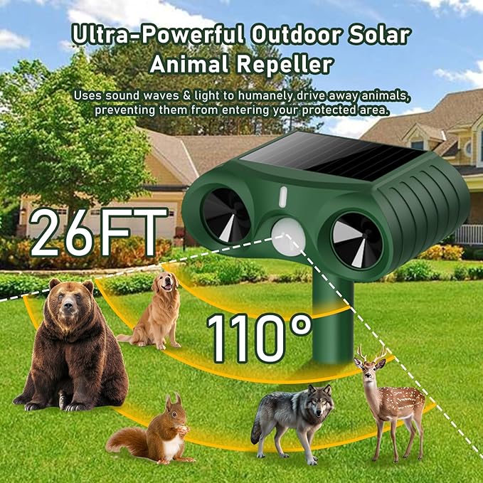 4PCS 2026 Upgraded Ultrasonic Solar Animal Repellent Outdoor,USB-C Charging and Wall-Mounting Capability with Motion Activated,for Deer Cat Squirrel Raccoon Rabbit Dog Garden Yard