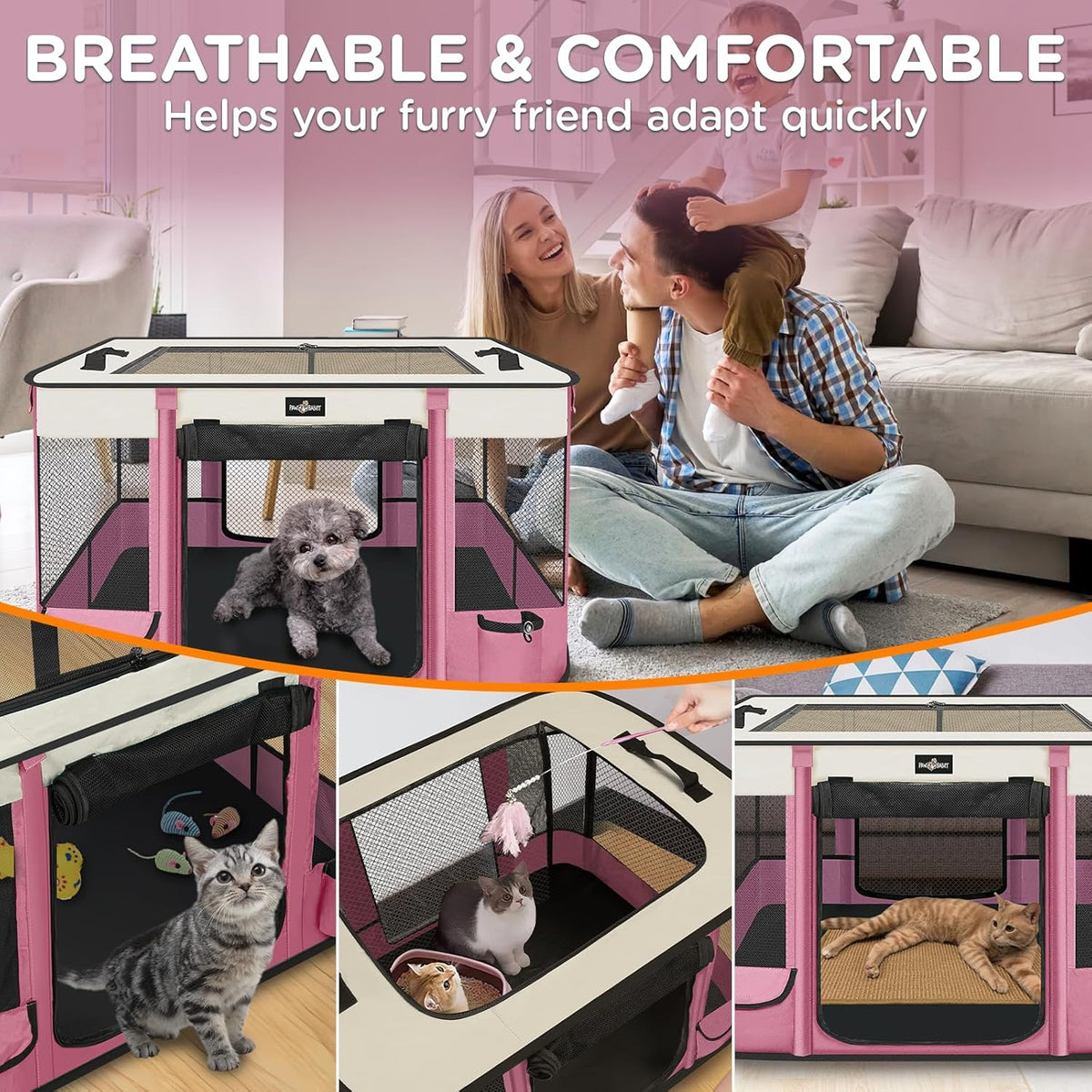 Foldable Pet Kitten Playpen, Upgrade Waterproof Portable Cat Dog Playpen Kennel Tent for Dog Cat, Removable Shade Cover with Free Carrying Case, Indoor Outdoor Use for Small Pet, Pink