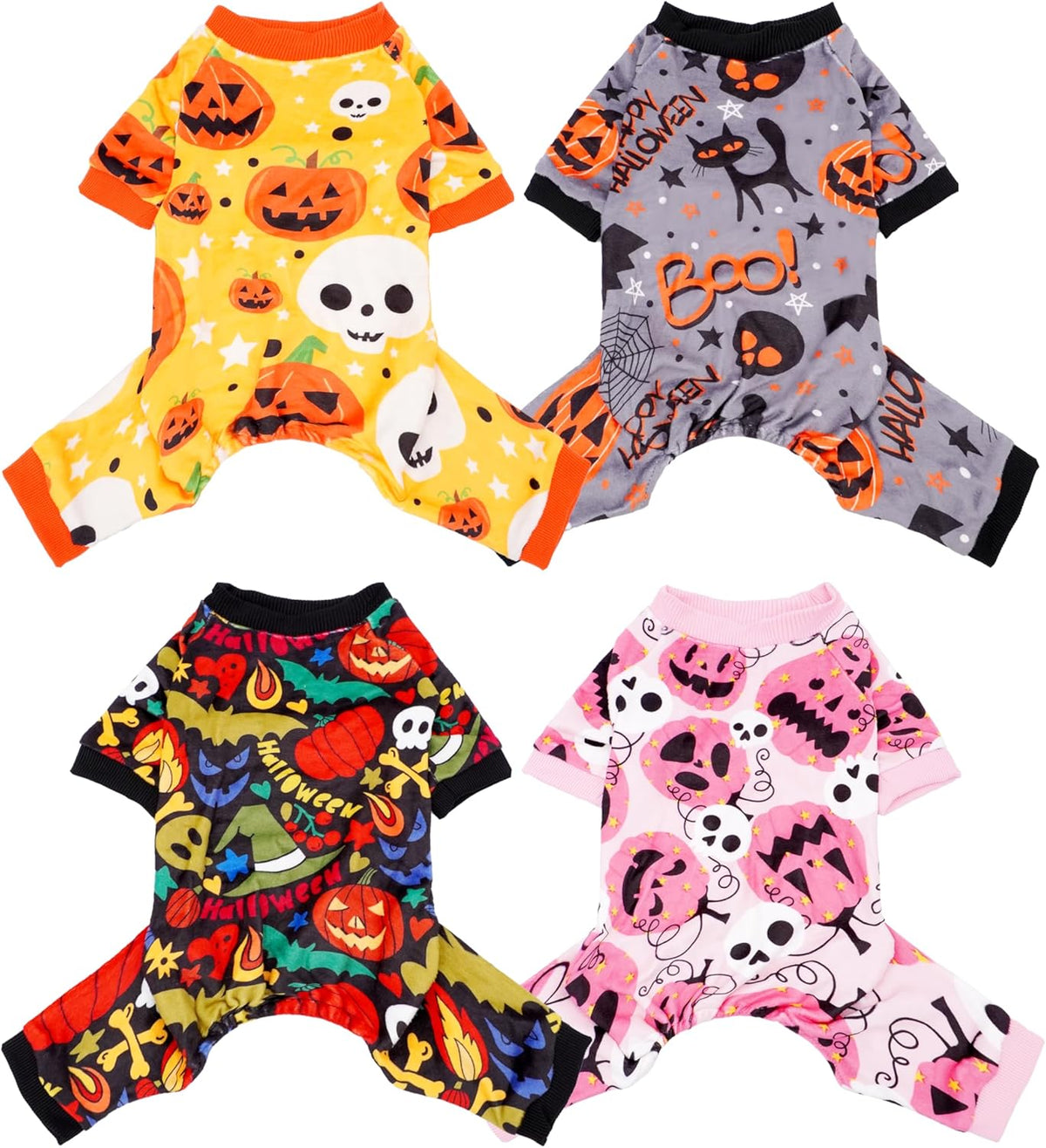 PET SHOW 4 Pack Halloween Dog Pajamas for Medium Dogs Onesie Soft Pumpkin Ghost Soft Fleece Stretchy Jumpsuit Costume Boy Girl Pets PJs with Sleeve Clothes(XXL)