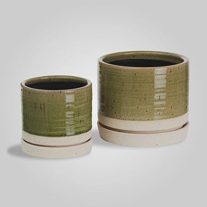 HERDUK 6 + 8 Inch Plant Pots, Ceramic Planter Pot with Drainage Hole & Saucer, Indoor/Outdoor Cylinder Round Planter Pot, Green