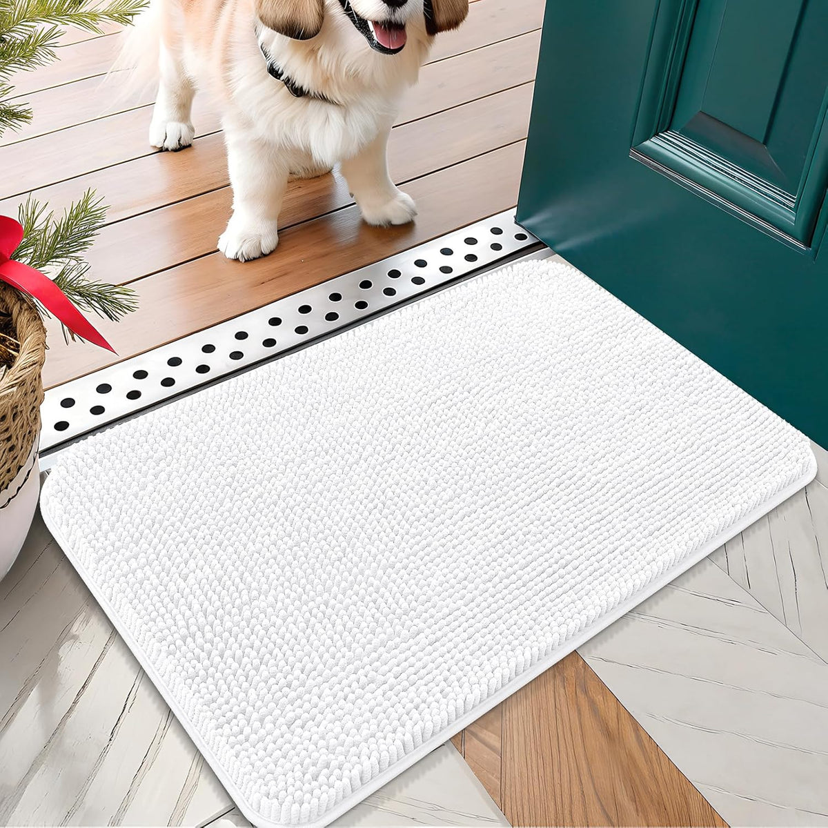 OLANLY Dog Door Mat for Muddy Paws 24x16, Absorbs Moisture and Dirt, Absorbent Non-Slip Washable Doormat, Quick Dry Chenille Mud Mat for Dogs, Entry Indoor Entryway Carpet for Inside Floor, White