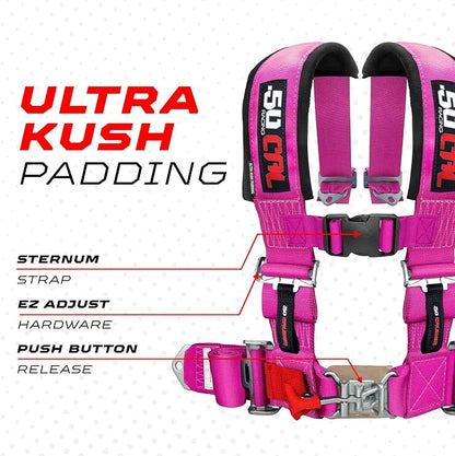 1pc 50 Cal Pink 4 Point Harness 2 inch straps, Racing Harness Seat Belt | Ultra Kush padding, Push Button quick release hardware. Universal Fit for UTV, RZR, race car