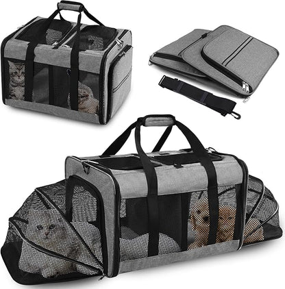 Portable 2-in-1 Pet Carrier,Double Compartment Cat & Dog Carrier for 2 Cats,Expandable Medium Dogs Large Cat Carrier with Sturdy Base,Breathable,Good for Traveling Walking Camping（Grey）