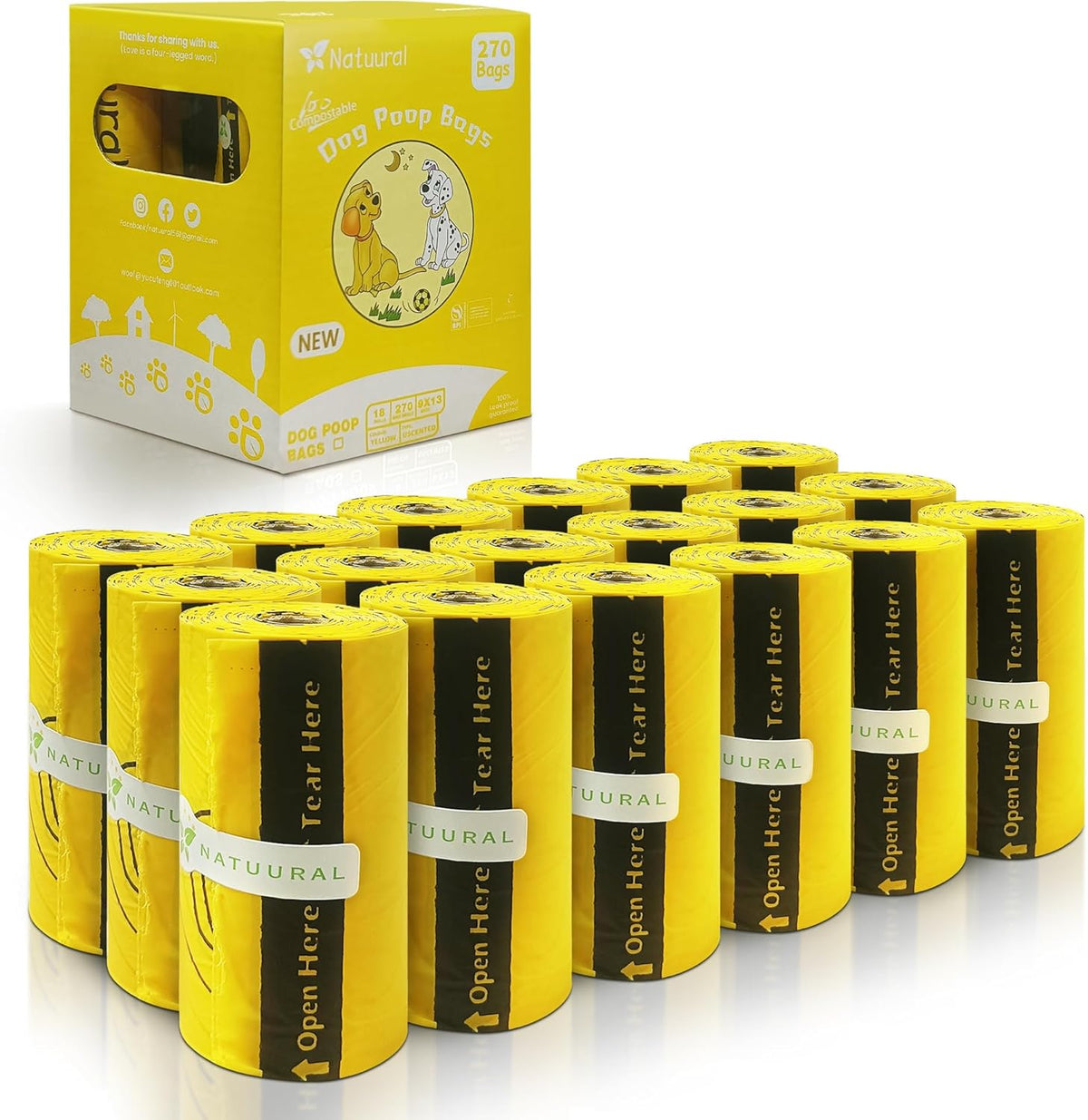 Certified Compostable Dog Poop Bags-270 Bags 18Rolls, Poop Bags for Dogs Made of Cornstarch - ASTM D6400 By USA, Leakproof Easy Open, Unscented Dog Waste Bags (Yellow)