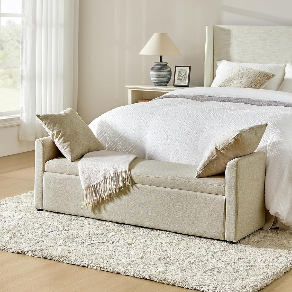 HULALA HOME Modern Storage Bench with Throw Pillows, 59.4" Extra Long Bedroom Ottoman Bench for End of Bed, Comfy Upholstered Footstool for Entryway Dining Room Living Room, Beige