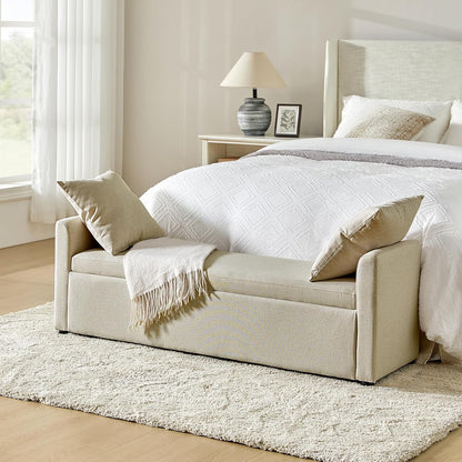 HULALA HOME Modern Storage Bench with Throw Pillows, 59.4" Extra Long Bedroom Ottoman Bench for End of Bed, Comfy Upholstered Footstool for Entryway Dining Room Living Room, Beige