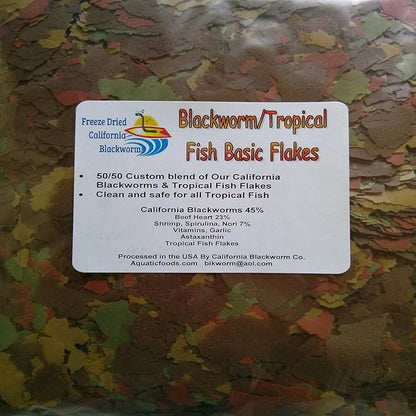 Aquatic Foods Inc. Flakes - 45% California Blackworm & Tropical Flake Mix for Discus, Cichlids, Tetras, Guppies, Live Bearers, Pond Fish, All Community Tropical Fish Premium AF Flakes - 2-lbs