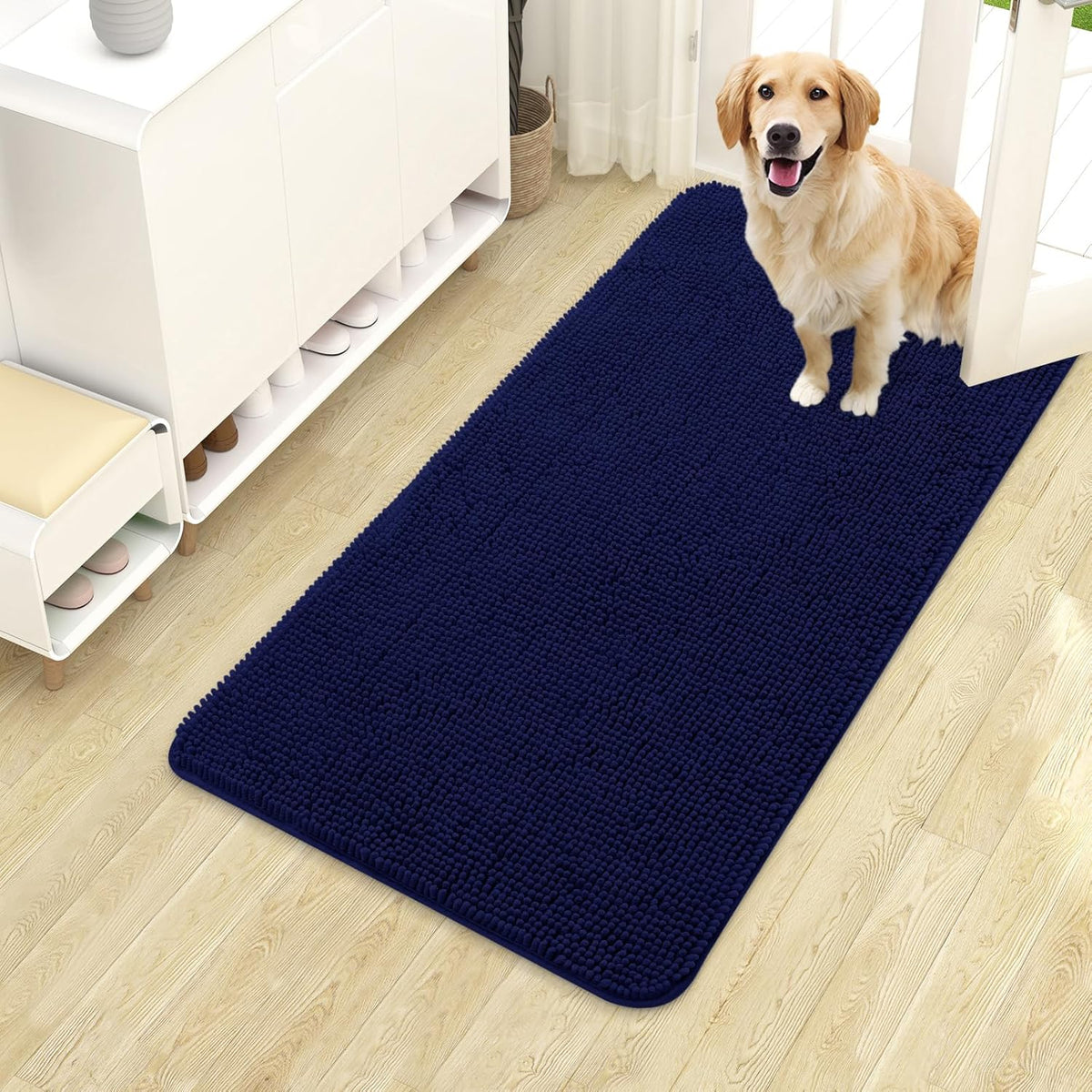 OLANLY Dog Door Mat for Muddy Paws 40x24, Absorbs Moisture and Dirt, Absorbent Non-Slip Washable Doormat, Quick Dry Chenille Mud Mat for Dogs, Entry Indoor Entryway Carpet for Inside Floor, Navy Blue