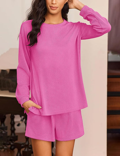 Ekouaer 2 Pieces Lounge Set for Women Long Sleeve Pajamas Top and Shorts Matching Sets Outfits with Pockets