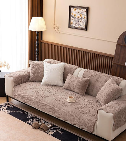 Fuzzy Rabbit Plush Sofa Cover Cozy Warm Sofa Couch Covers with 3D Jacquard Leaf Pattern Non-Slip Easy-to-Install Shaggy Sofa Slipcover Prefect for Kids Dogs Cats Cats(Cream Coffee,36"x36")
