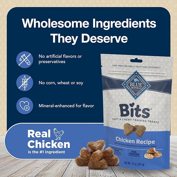 Blue Buffalo Bits Soft Dog Treats for Training, Made With Natural Ingredients & Enhanced with DHA, Chicken Recipe, 4-oz Bag