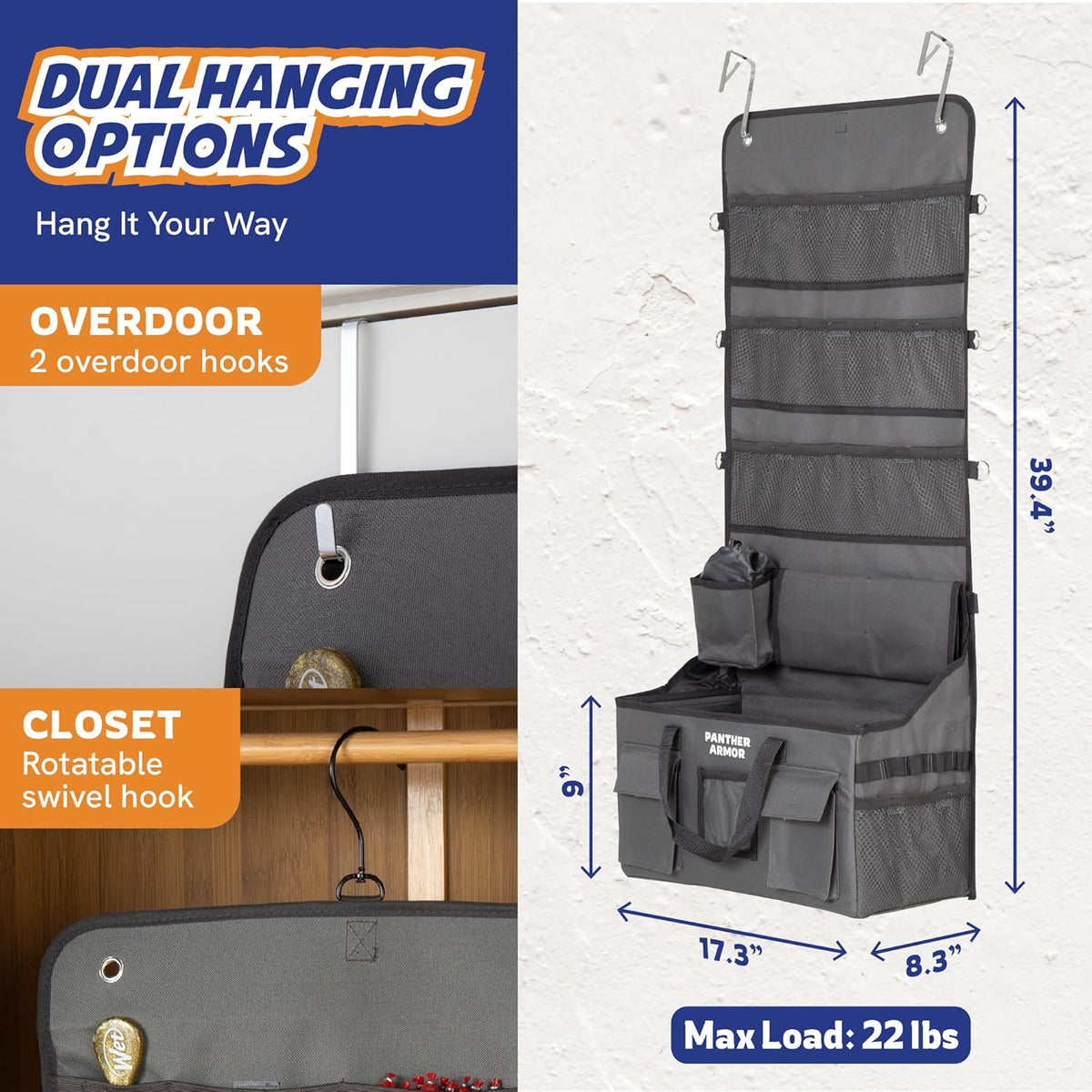 Panther Armor Dog Travel Bag- Hanging Dog Organizer & Pet Storage Tote Bag for Supplies,mWaterproof Door Storage & Closet Organizer, Food & Treat Container for Travel Accessories