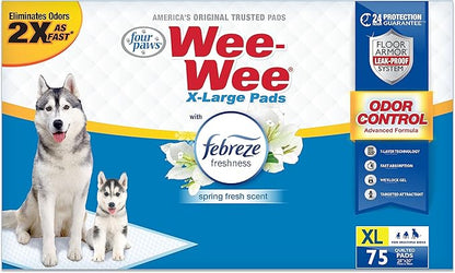 Four Paws Wee-Wee Odor Control with Febreze Freshness Pee Pads for Dogs & Puppies, Leak-Proof Dog Housebreaking Potty Training Floor Protection, Spring Fresh Scent, 28" x 30", 75 Count