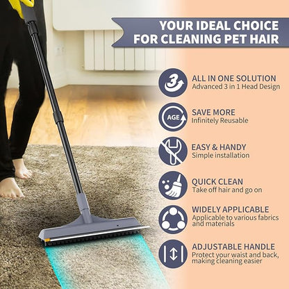 Carpet Rake for Pet Hair Removal - 3 in 1 Pet Hair Remover Tool with 58" Adjustable Long Handle,Reusable Dog & Cat Carpet Scraper,Pet Hair Remover for Rugs,Mats,Couch,Curtains(Gray)