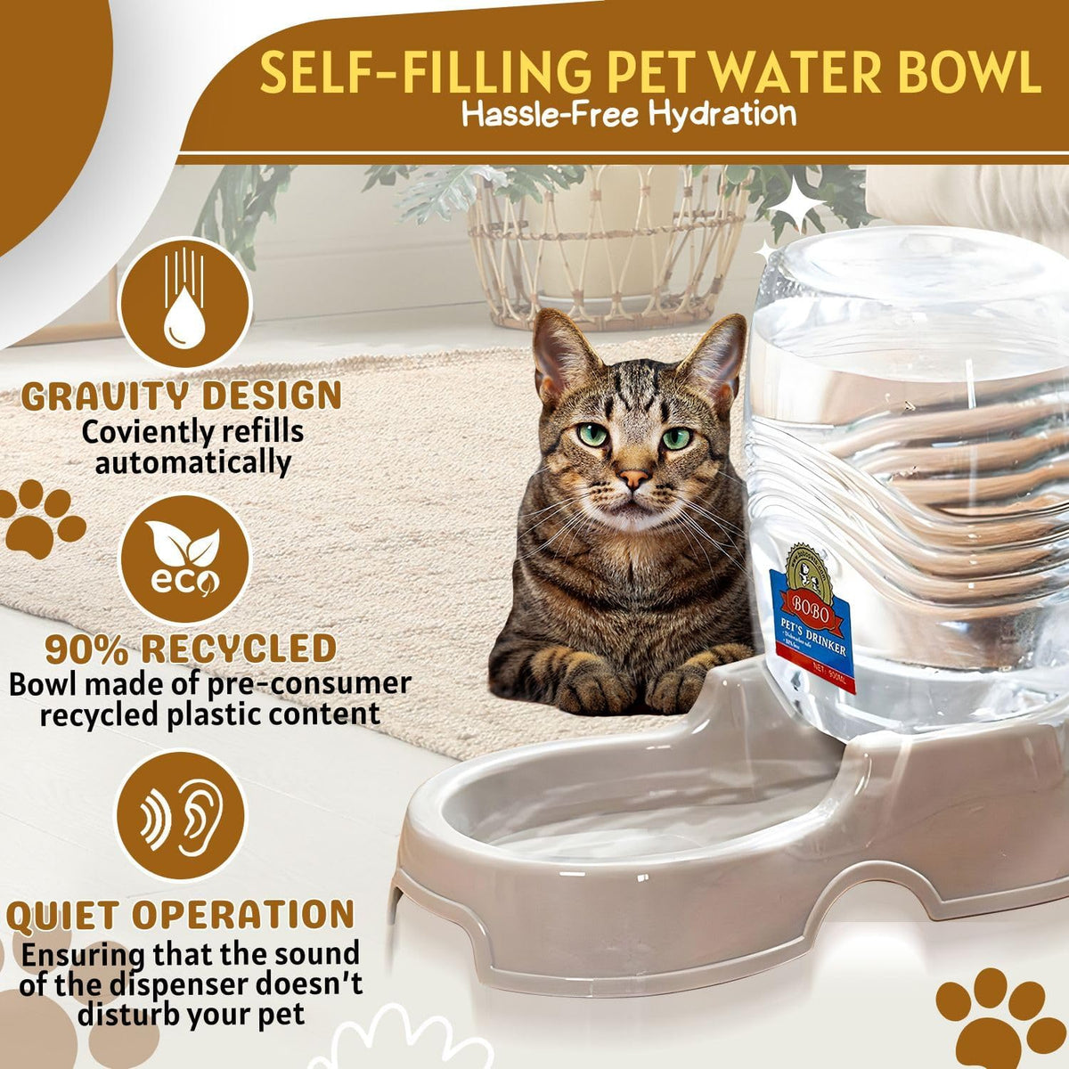 Flexzion Automatic Gravity Pet Waterer for Cat & Dog - Non-Skid & Easy-Clean Auto Replenish Water Dispenser Drinking Bowl (3/8 Gallon / 1.5L), Beige