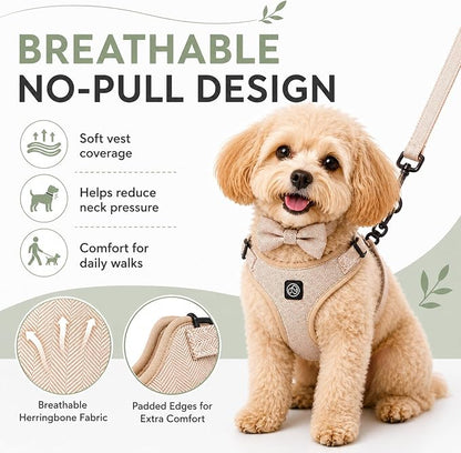 EVERKING 5-Piece Dog Travel Set, Adjustable Harness, Leash, Collar, Poop Bags, Bowtie for Small Medium Dogs, Beige, Breathable No-Pull Design (Beige, S)