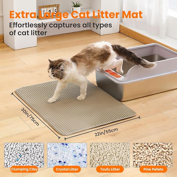 Extra Large Cat Litter Mat, 30x22 Inches Honeycomb Double Layer Cat Litter Trapping Mat, Non Slip Waterproof Urine Proof Large Kitty Litter Box Mat for Floor, Kitten Supplies, XL, Beige