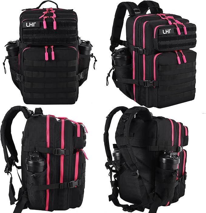 LHI Military Tactical Backpack for Men and Women 45L Army 3 Days Assault Pack Bag Large Rucksack with Molle System - Black with red zipper
