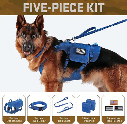 Forestpaw Tactical Dog Harness for Medium Dogs,Tactical Dog Collar with Bungee Leash Set,No Pull Military Dog Harness for Walking Training,Adjustable for Medium Dogs,Blue,Chest 22-35"