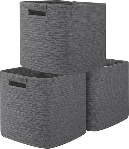 OIAHOMY Storage Cubes 11 Inch Storage Bins-3 Pack, Cotton Rope Woven Baskets for Organizing, Square Baskets for Shelves Organizer, Classroom, Toy Basket, DarK Grey