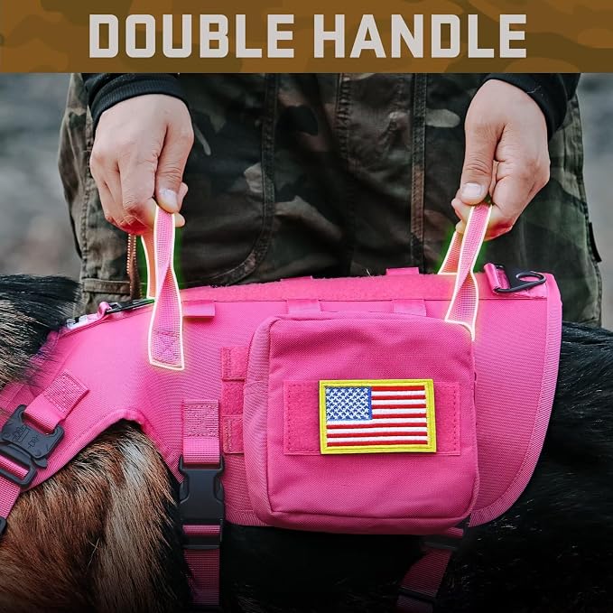Forestpaw Pink Tactical Dog Harness Tactical Dog Collar with Bungee Leash Set,No Pull Military Dog Harness for Walking Training,Adjustable for Medium Dogs,Chest 17-25"