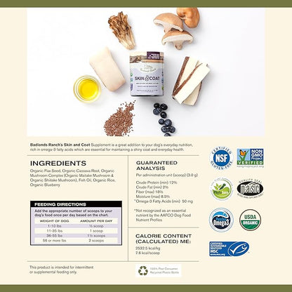 Badlands Ranch - Skin & Coat Canine Supplement w/Omega-3 Fatty Acids, Org. Ingredients, Antioxidant Topper, Nourish Coat &Paws, Joint, Support Shiny Coat & Healthy Skin by Katherine Heigl (30 Scoops)