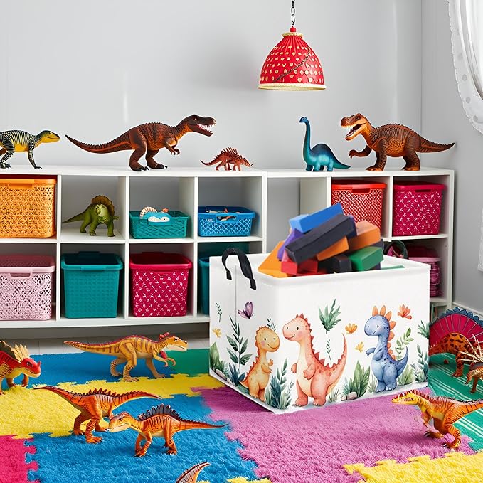 HIYAGON Rectangular Dinosaur Basket Kids Baby Storage Bin Toy Basket Organizer Box for Boys Dinosaur Room Decor(Colorful Dinosaur)