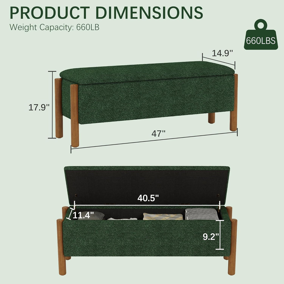 Modern Storage Benches with Walnut Wood Legs, 47'' Ottoman Bench with 20 Gallons Storage Space for Bedroom End of Bed, Fabric Upholstered Entryway Bench with Seating for Livingroom, Green