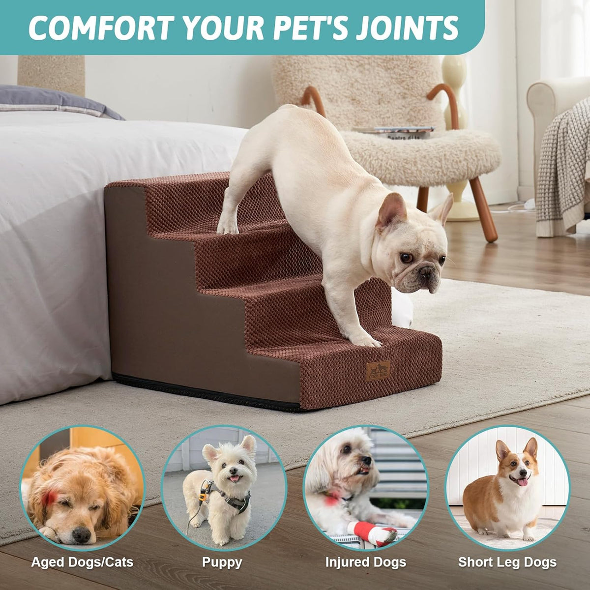 Dog Stairs for Small Dogs, 4 Tier Wider Pet Stairs for Couch and Beds, 17.7" H Non-Slip Dog Steps for Old Cats, Puppy, Small Medium Dogs, 17.7x23.6x17.7 inch, Brown