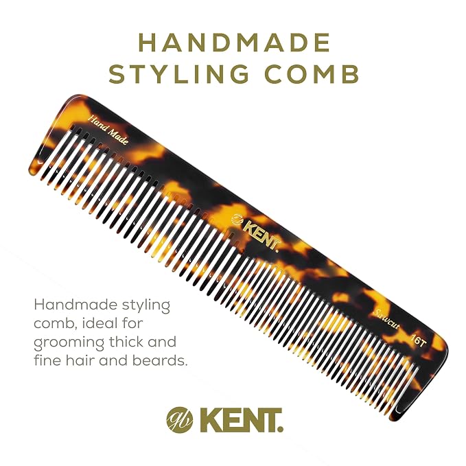 Kent 16T TY Fine Tooth and Wide Tooth Comb for Daily Grooming, Handmade Styling Comb for All Hair Types, Styling and Detangling Combs for Men and Women