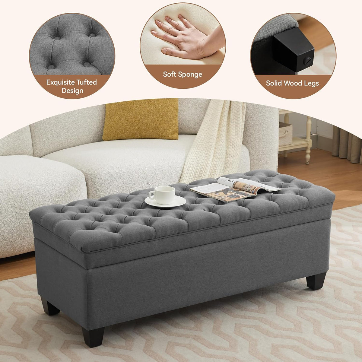 51" Fabric Storage Ottoman Bench, Upholstered Rectangle End of Bed Storage Ottoman Tufted Living Room Bedroom Bench with Safety Hinge, Solid Wood Legs, Loads 500 lb(Dark Grey)