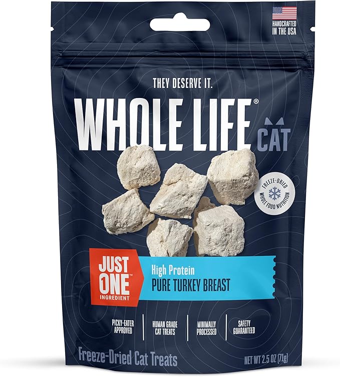 Whole Life Cat Just One Turkey Freeze Dried Cat Treats - Human Grade High Protein Food, Healthy Training Snacks, Freeze Dried Turkey Food Toppers, USA Made Natural Treats - 2.5 oz (Pack of 1)