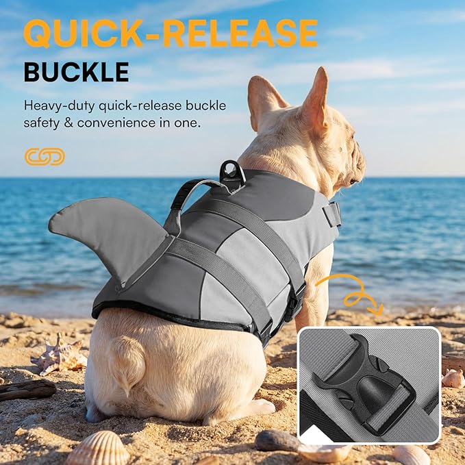 Dog Life Jacket Ripstop Shark Dog Safety Vest Adjustable Preserver with High Buoyancy and Durable Rescue Handle for Small,Medium,Large Dogs, Grey Shark XX-Large