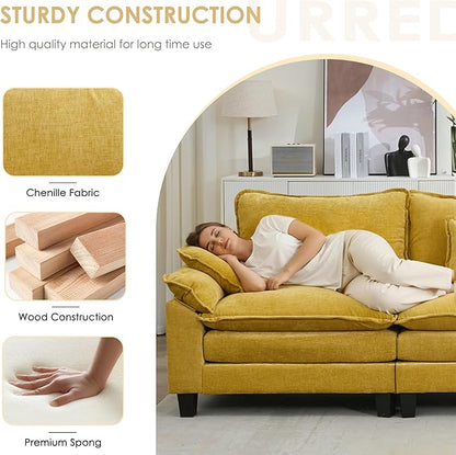 URRED Cloud Couch Modular Sectional Sofa, 87" Modern Loveseat Sofa with 2 Ottomans & Pillows, Ultra Comfy Chenille Couches for Living Room, Bedroom or Apartment, Yellow