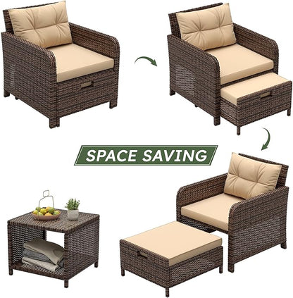 LHBcraft 5 Pieces Patio Set, PE Rattan Patio Conversation Set with Soft Cushions & Coffee Table, Outdoor Chairs with Hidden Ottoman for Porch, Lawn, Garden, Balcony, Brown