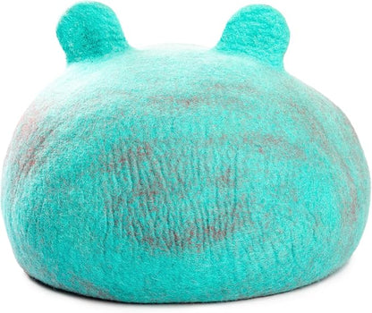Luxurious Merino Wool Cat Cave - Foldable Hideaway Pod for Indoor Cats - Premium Felt Kitten Pet Enclosure - Covered Cat House for Ultimate Cozy Comfort by Woolygon (Turquoise Frog)
