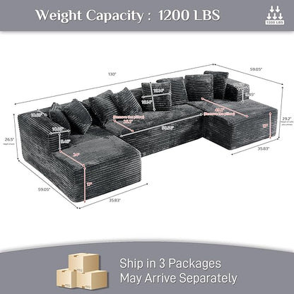 Modular Sectional Sofa, 130" U Shaped Cloud Couch Plush Corduroy Comfy Deep Seat Boneless Sofas with 8 Pillows Double Chaise Lounge Sectional Couches with Memory Foam for Living Room - Dark Grey