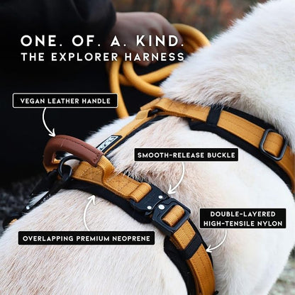 MADE TO ROAM Premium Explorer Harness - Y-Shaped Dog Harness with Adjustable Durable Nylon, Soft Padding, Metal Buckles and Leather Handle for Small, Medium, Large Dogs (Michigan Autumn, Size 1)