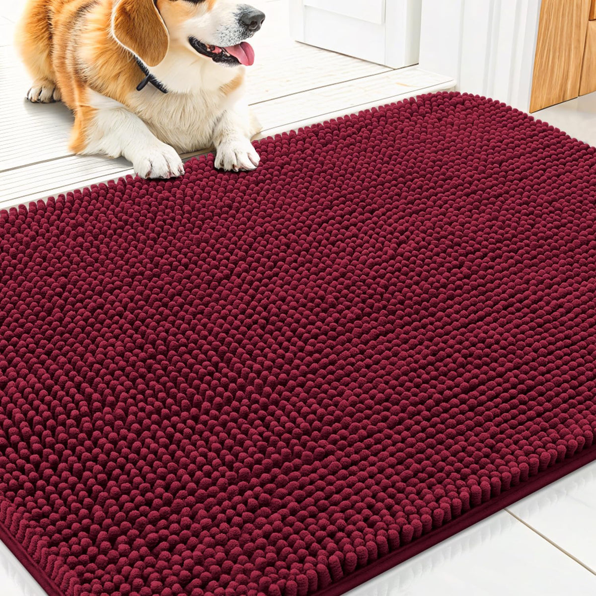 Smiry Dog Door Mat for Muddy Paws 30x20, Absorbs Moisture and Dirt Doormat, Non-Slip Washable Quick Dry Chenille Front Door Mat Indoor Entrance, Entryway Carpet for Inside Floor, Burgundy