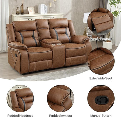 EBELLO Faux Leather Manual Loveseat Recliner, 2 Seat Reclining Sofa Chair with Center Console, Hidden Storage and Cup Holders, Daul Recliner for Living Room, Meeting Room, Brown (Loveseat)