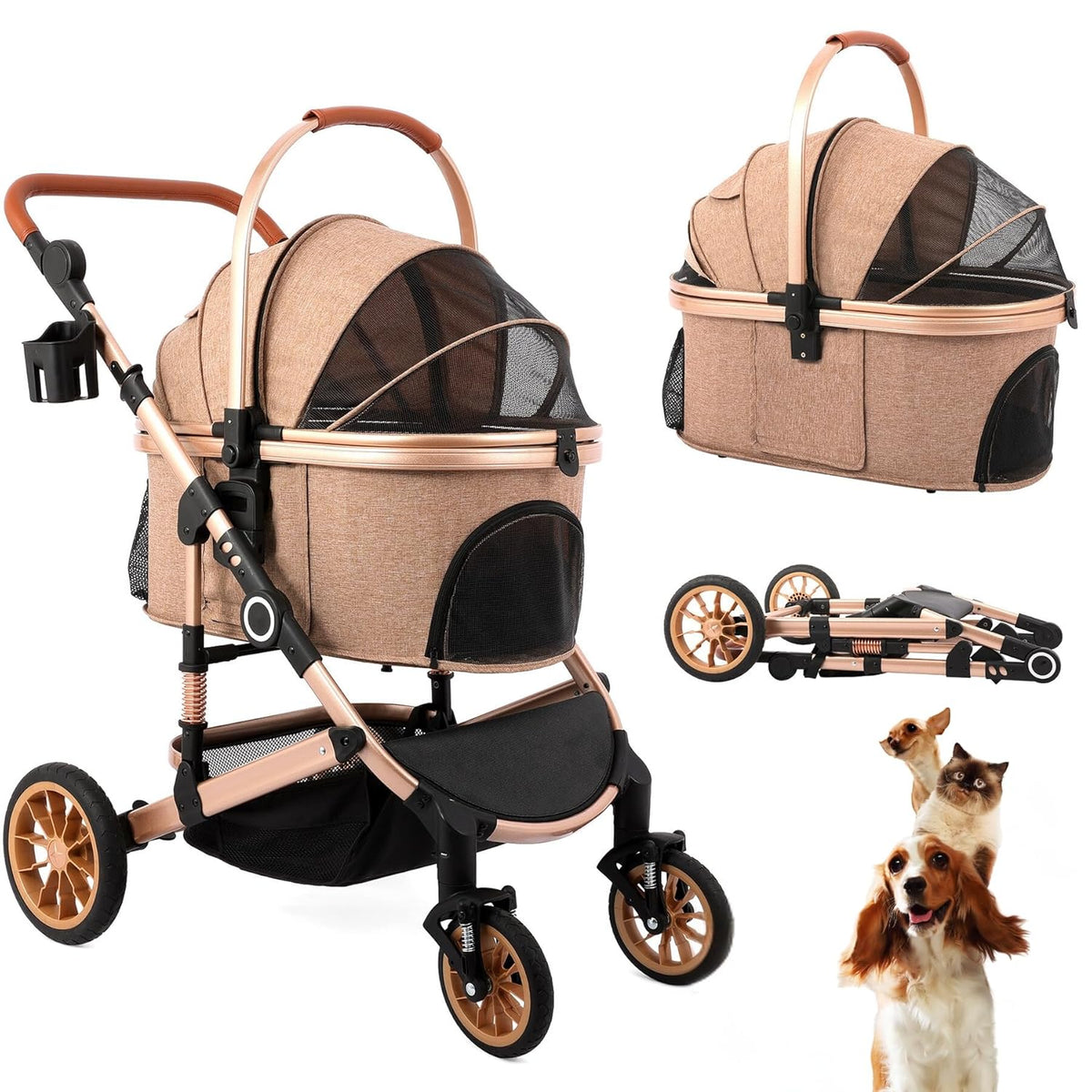 Pet Stroller with 4 Wheels, Foldable Pet Travel Carrier for Small/Medium Dogs Cats up to 50lbs, Detachble Portable Pet Bag, Storage Basket, Car Seat 3 in 1 Multifunctional (Tan)