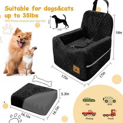 Dog Car Seat for Small/Medium Dogs, Memory Foam Dog Booster Seat, Travel Safety with Washable Removable Cover, Storage Pockets for Dogs up to 35 lbs(Black)