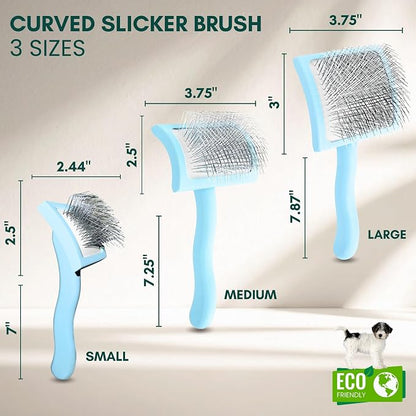 Pet Slicker Brush With Soft Massage Grooming Stainless Steel Pins - For Dematting, Shedding Fur, and Undercoat - Ideal Gift for Professional Pet Groomers - Long Slicker Brush (Blue, Curved Medium)