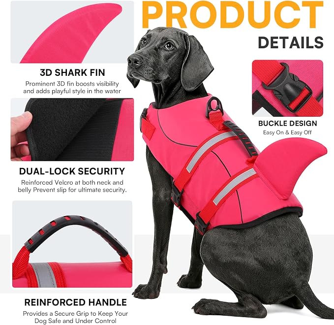 Dog Life Jacket High Flotation, Reflective Dog Life Vest for Swimming, Adjustable Dogs Life Preserver Rescue Handle Spring Summer Pool for Small, Medium, Large Dogs (Rosepink,XXL)