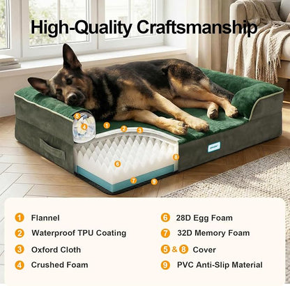 OhGeni Orthopedic Extra Large Dog Bed Couch, Memory Foam, 44-inch (Green) | Waterproof Pet Bed with Machine-Washable Removable Cover & Soft Comfortable Fabric