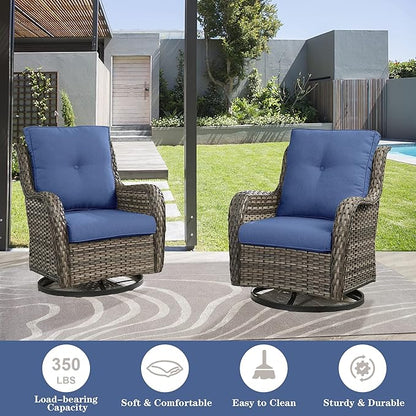 Belord Wicker Outdoor Furniture Patio Furniture Set - 6 Piece Patio Conversation Set with Swivel Rocker Chairs, Loveseat Sofa, Ottomans and Coffee Table, Blue Cushion
