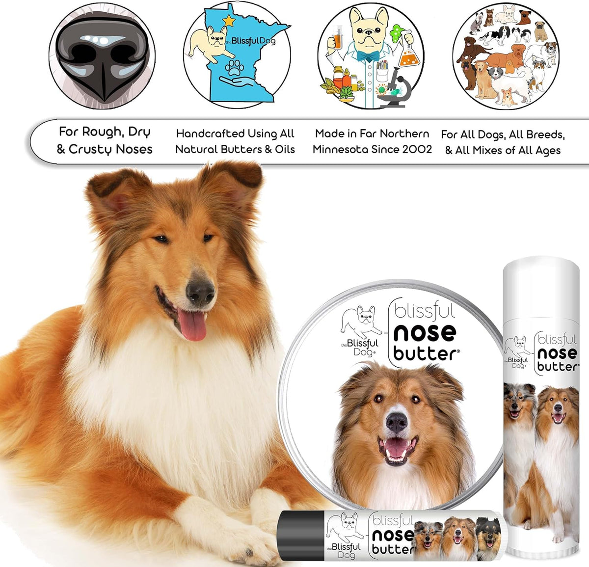 The Blissful Dog Collie Nose Butter for Dry, Cracked Skin, Lick-Safe Dog Nose Balm with Moisturizing Shea Butter, Almond, Olive, and Essential Oils, Pet Supplies, Uncented, 2 oz.