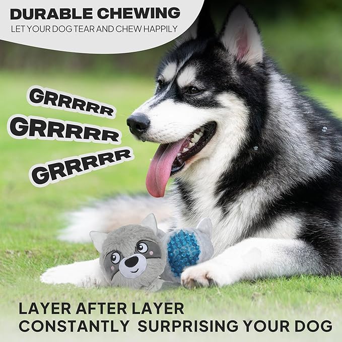 Fida Squeaky Dog Toys for Aggressive Chewers 3 in 1, Dog Chew Toys with 3 Layers,Interactive Dog Toys for Large Dogs Balls to Keep Them Busy for Small Medium Dogs(Raccoon)
