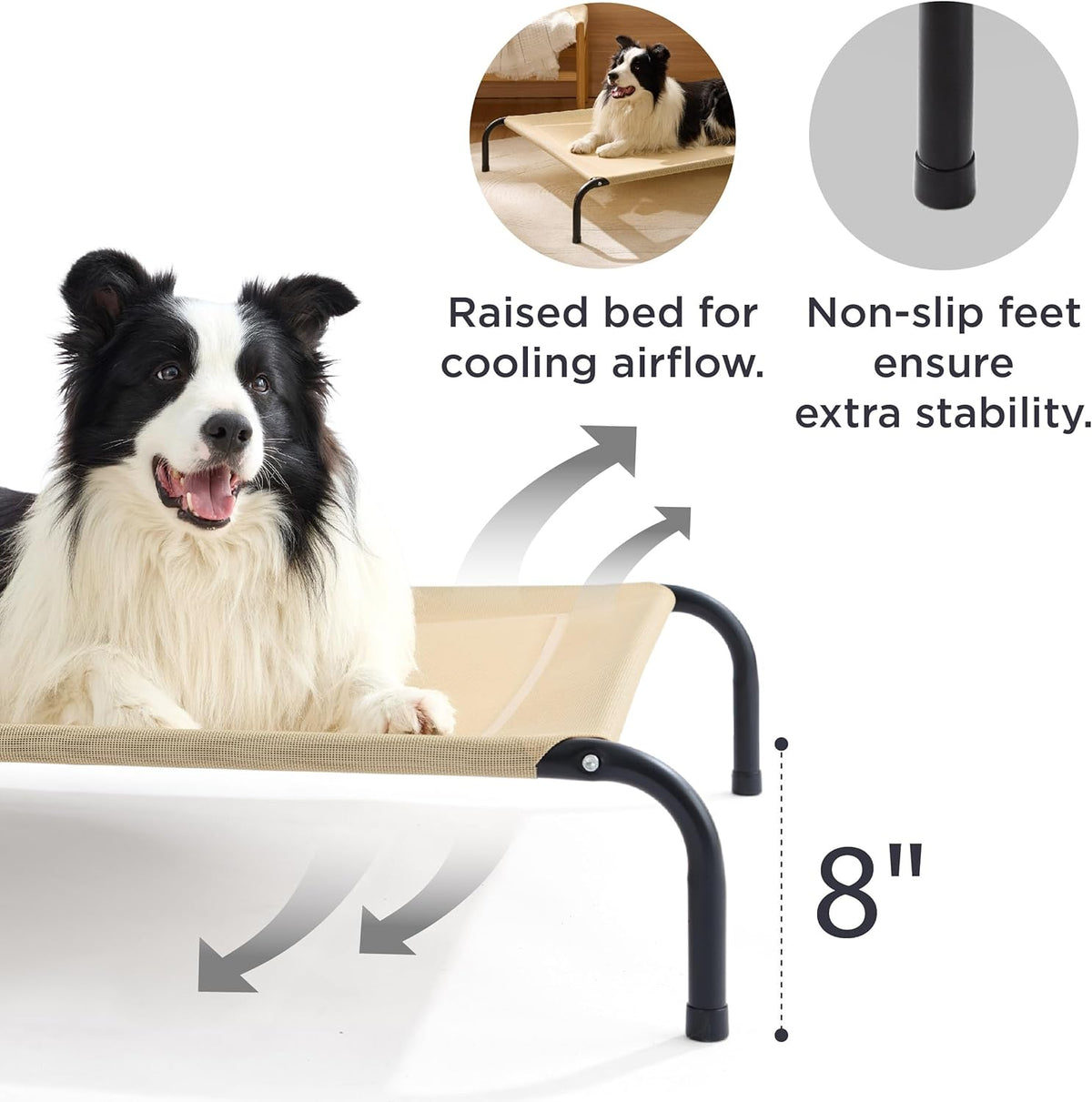 Bedsure Outdoor Elevated Dog Bed Large Sized Dog, Portable Indoor & Outdoor Cooling Raised Cot Pet Hammock Bed with Skid-Resistant Feet, Frame with Breathable Mesh, Khaki, 49 inches