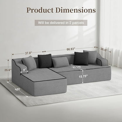 SUNSHINE VALLEY Cloud Sectional Couch for Living Room, 104'' L-Shaped Modular Sofa with Chaise, Modern Corduroy Boneless Couch with Deep Seat, No Assembly Required, Grey